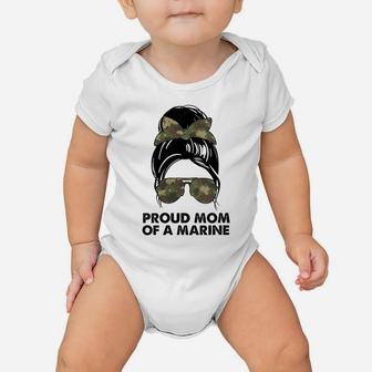 Womens Proud Mom Of A Marine Messy Bun Camouflage Military Women Baby Onesie | Crazezy UK