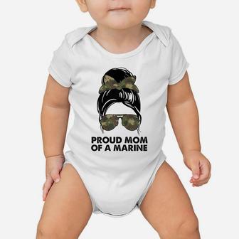 Womens Proud Mom Of A Marine Messy Bun Camouflage Military Women Baby Onesie | Crazezy CA