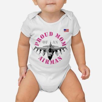 Womens Proud Mom Of An Airman Air Man Military Pilot Fighter Jet Baby Onesie | Crazezy
