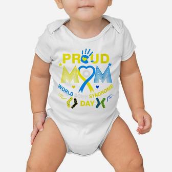 Womens Proud Mom Ribbon Yellow Blue Heart Down Syndrome Day Trisomy Baby Onesie | Crazezy