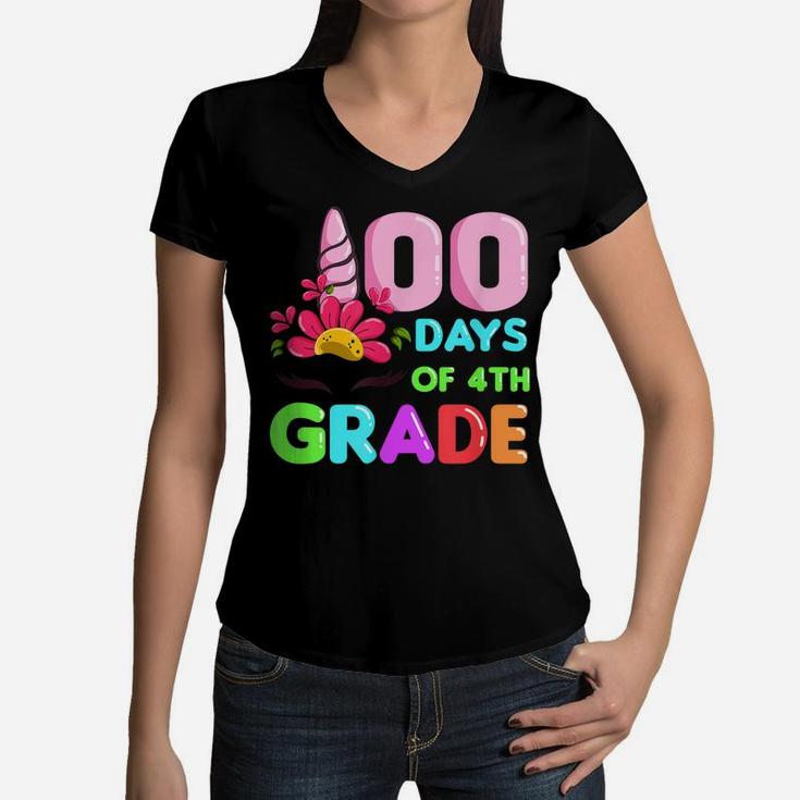 100 Days Of 4Th Grade School Girls Boys 100Th Day Of School Women V-Neck T-Shirt