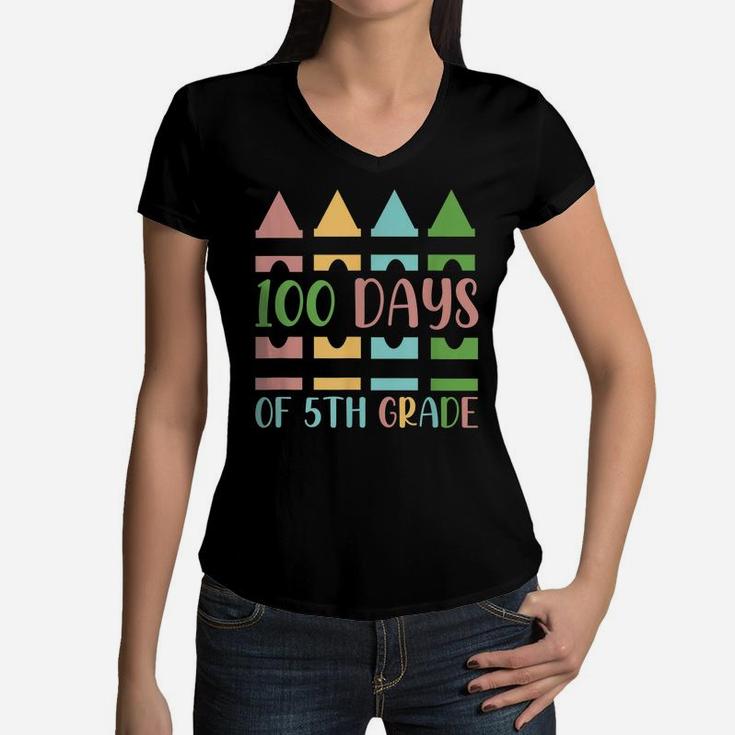 100 Days Of 5Th Grade School Kids Happy 100 Days Of School Women V-Neck T-Shirt