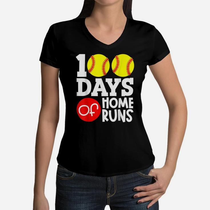 100 Days Of Home Runs School Baseball Softball Boys Girls Women V-Neck T-Shirt