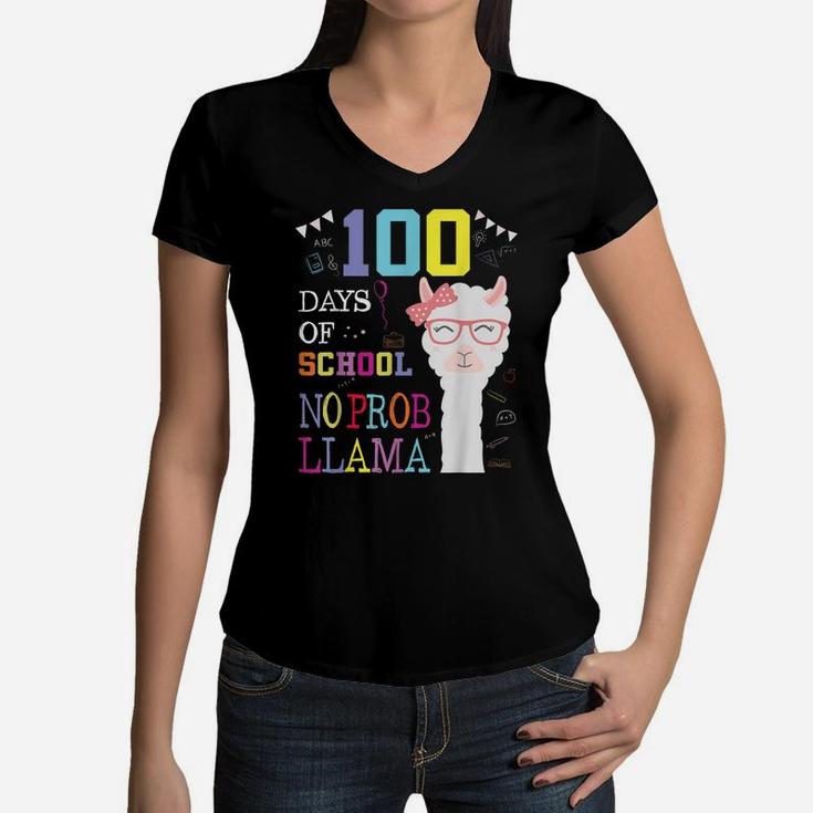 100 Days Of School No Probllama Happy 100Th Day Teacher Kid Women V-Neck T-Shirt