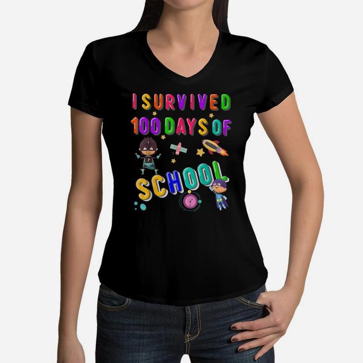 100 Days Of School Superhero Outfit Boy Kindergarten Gift Women V-Neck T-Shirt