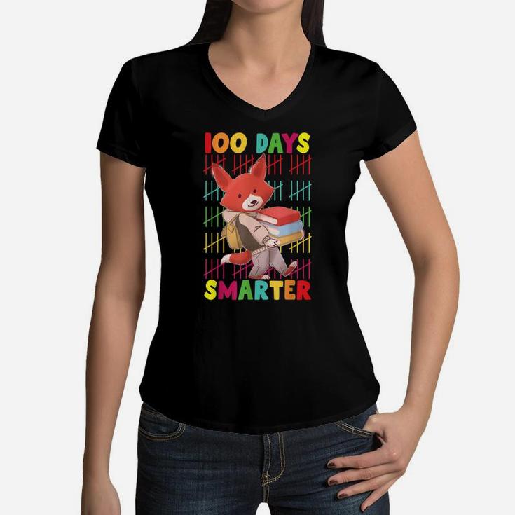 100 Days Of School Tee 100 Days Smarter, Fox Girls Boys Gift Women V-Neck T-Shirt