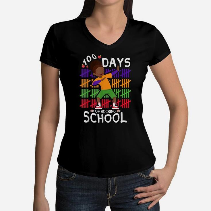 100 Days Rocking School Kids Afro Girls Black History Month Women V-Neck T-Shirt