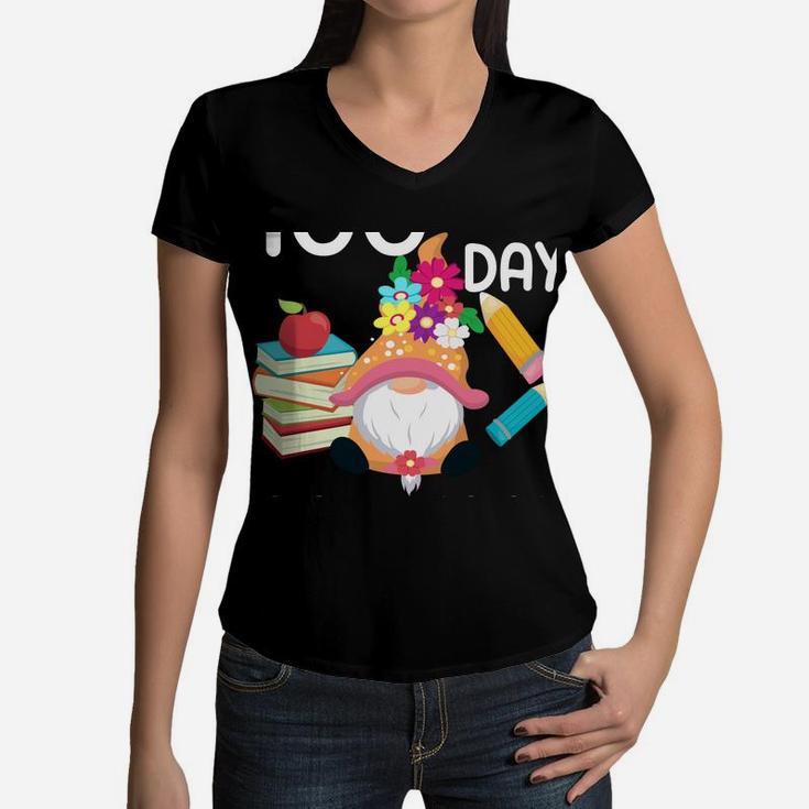 100Th Day Of School For Girls Funny Gnome School Supplies Women V-Neck T-Shirt