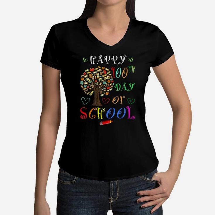 100Th Day Of School Shirt For Teachers Kids Educational Tree Women V-Neck T-Shirt