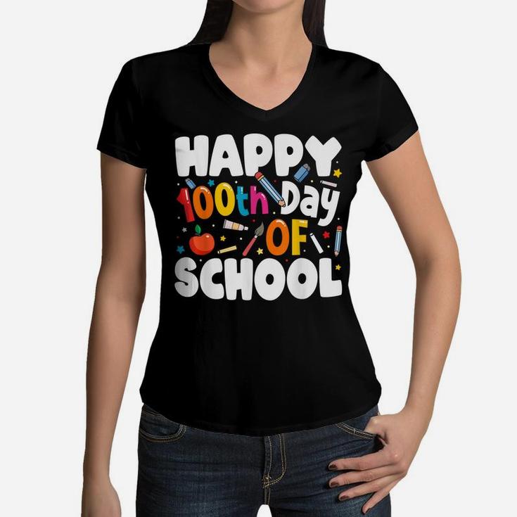 100Th Day Of School Shirt For Teachers Kids Happy 100 Days Women V-Neck T-Shirt