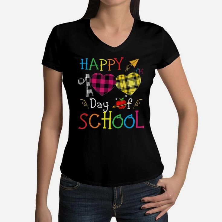 100Th Day School Buffalo Lumberjack Plaid Heart Kid Student Women V-Neck T-Shirt