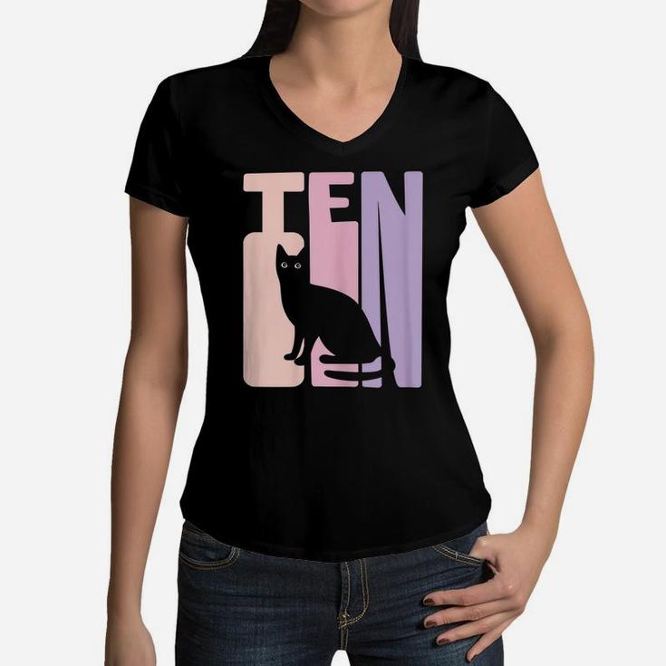10Th Birthday Gift Cute Cat Fan 10 Years Old For Girls Women V-Neck T-Shirt