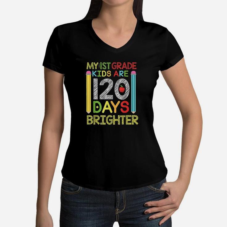 1St Grade 120 Days Of School Pencil Teacher Kids Women V-Neck T-Shirt
