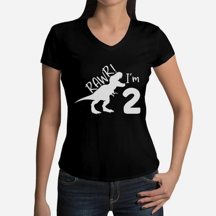 2Nd Birthday Boy Dinosaur Rawr Im 2 Women V-Neck T-Shirt
