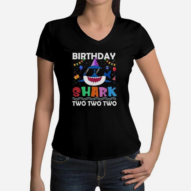 2Nd Birthday Boy Shark Matching Party Gifts For Kids Women V-Neck T-Shirt