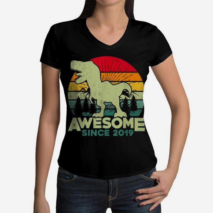 2Nd Birthday Dinosaur 2 Year Old Boy Kids Awesome Since 2019 Women V-Neck T-Shirt