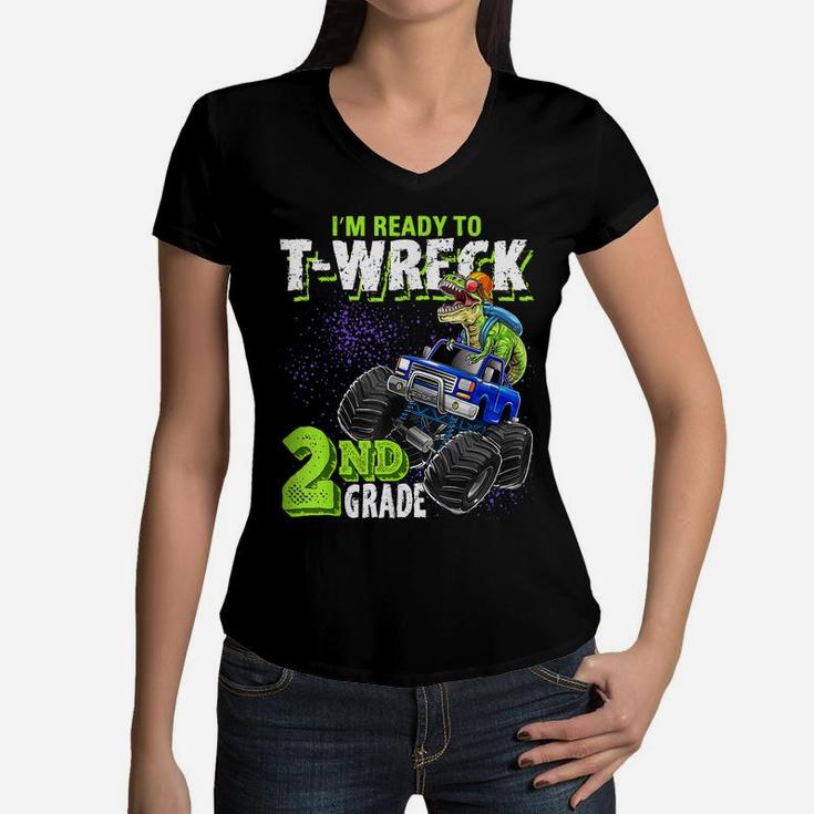 2Nd Grade Dinosaur Monster Truck Back To School Gift Boys Women V-Neck T-Shirt