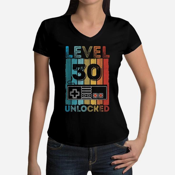 30Th Birthday Gift Boys Mens Level 30 Unlocked Video Game Women V-Neck T-Shirt