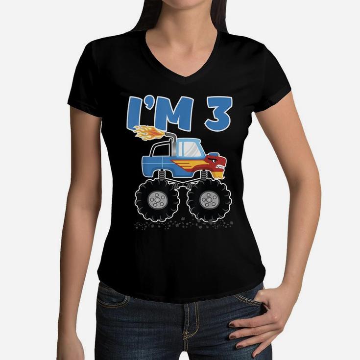 3Rd Birthday For Three Years Kids Monster Truck Women V-Neck T-Shirt