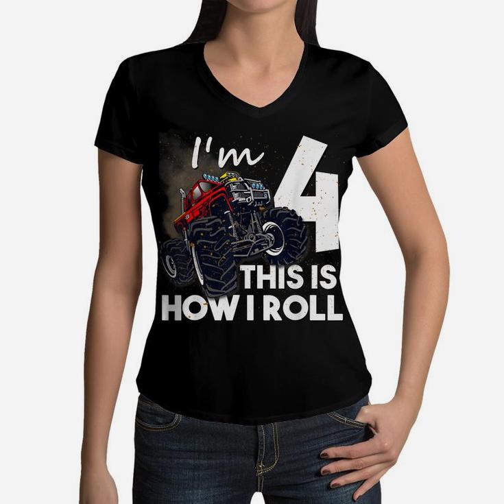 4Th Birthday T Shirt Boy Monster Truck 4 Years Old Gift Women V-Neck T-Shirt