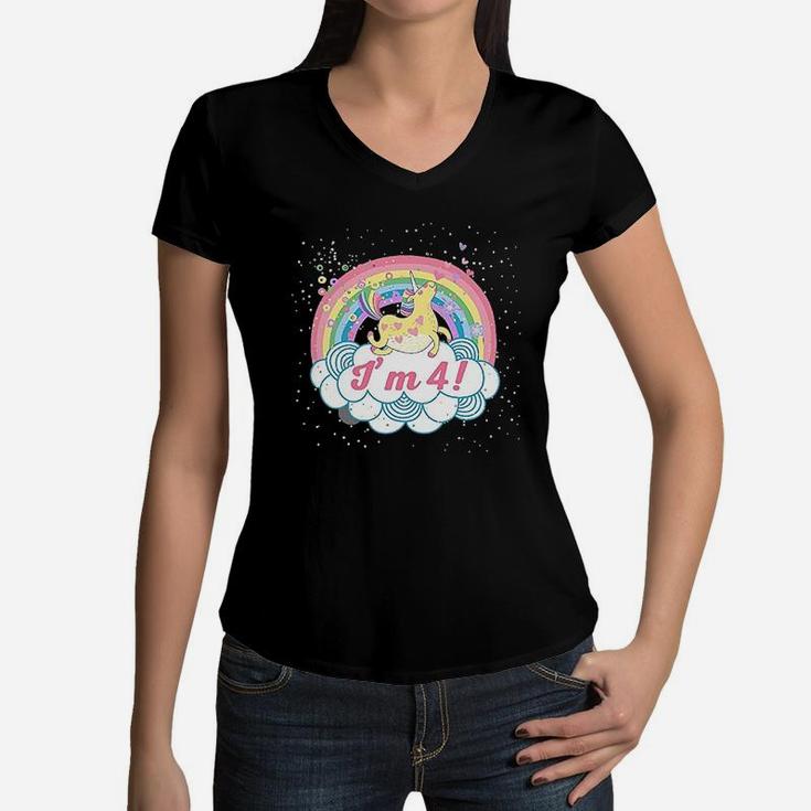 4Th Birthday Unicorn Rainbow Cute Girls Women V-Neck T-Shirt