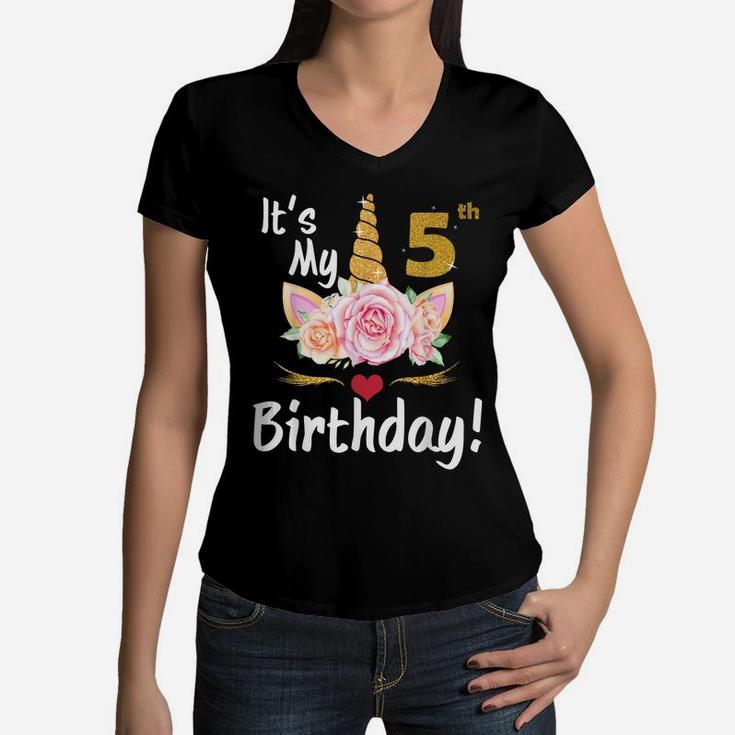5Th Birthday Girl 5 Years Old Awesome Unicorn Flower Bday Women V-Neck T-Shirt
