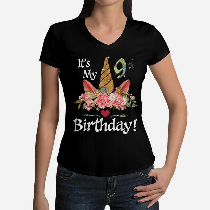 9Th Birthday Girl 9 Years Old Awesome Unicorn Flower Bday Women V-Neck T-Shirt