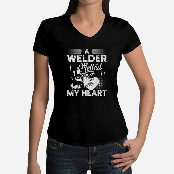 A Welder Melted My Heart Funny Gift For Wife Girlfriend Women V-Neck T-Shirt