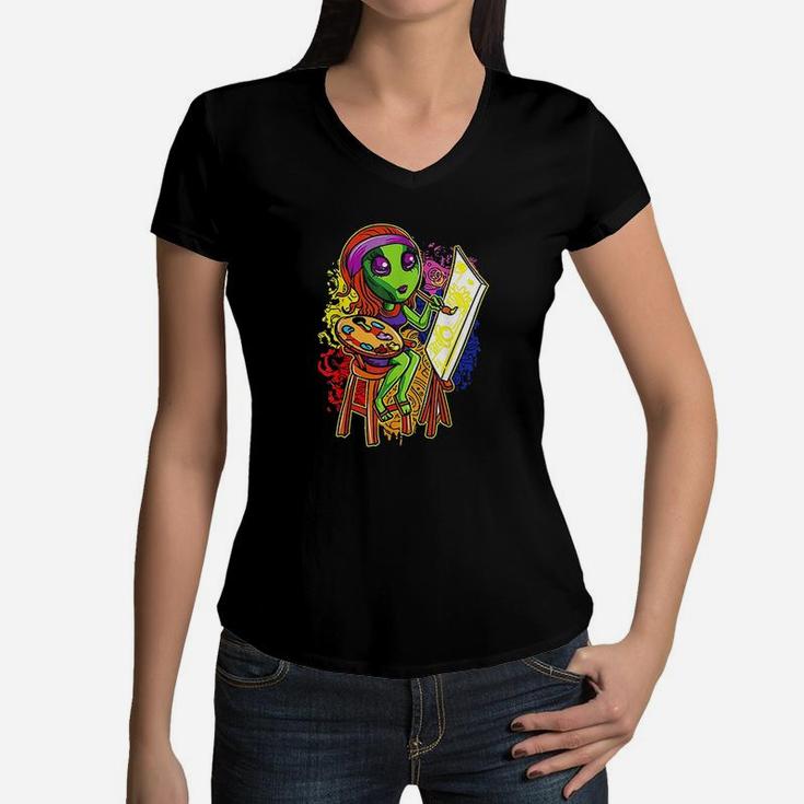Alien Hippie Artist Painter Girl Women Cute Science Fiction Women V-Neck T-Shirt