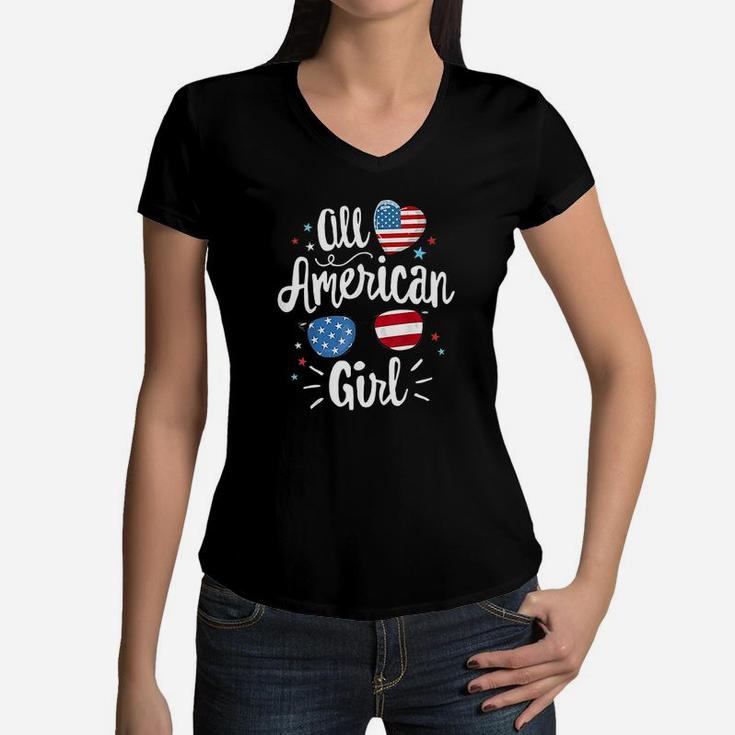 All American Girl Women American Flag 4Th Of July Patriotic Women V-Neck T-Shirt