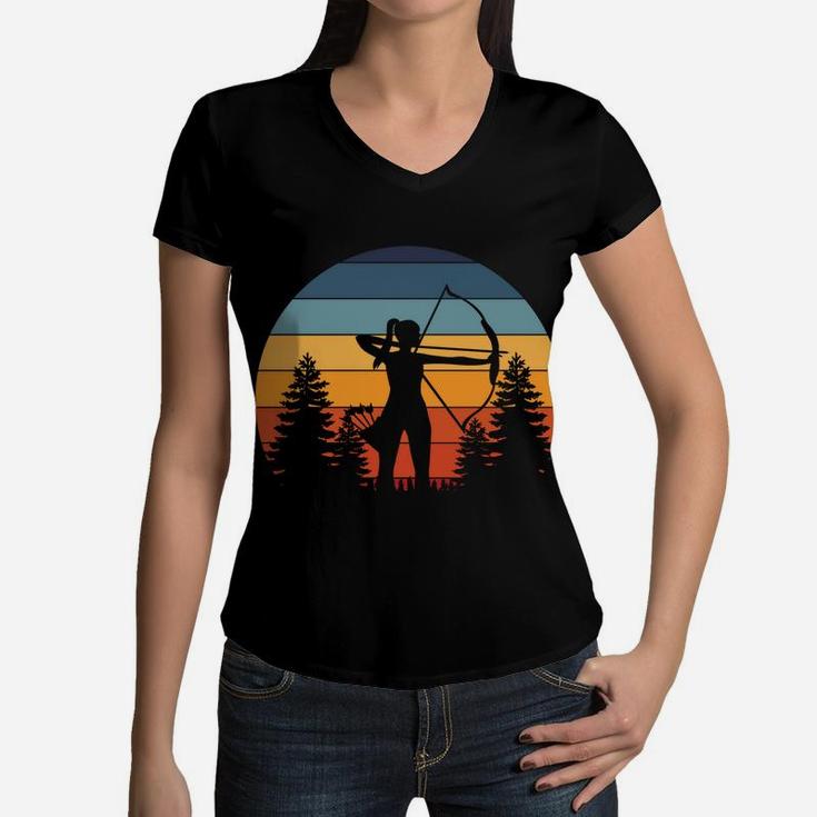 Archery Girl, Archer Bow, Vintage Retro Sunset, Nice Woman Women V-Neck T-Shirt