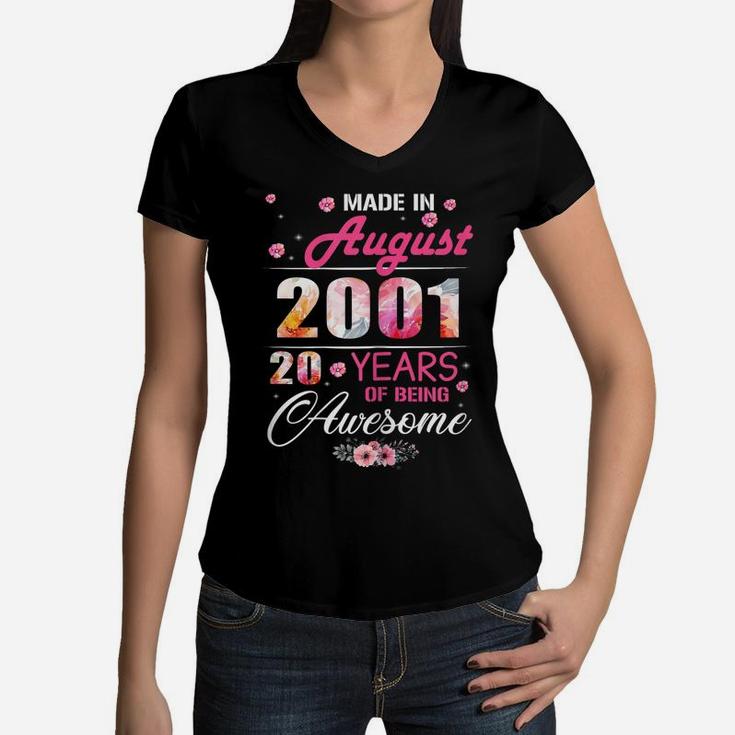 August Girls 2001 Birthday Gift 20 Years Old Made In 2001 Women V-Neck T-Shirt