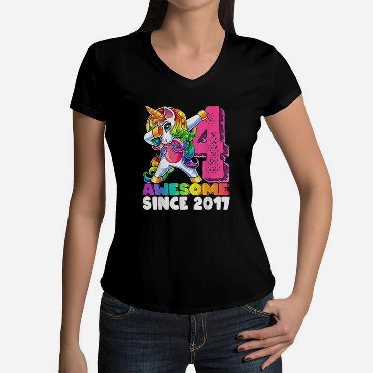 Awesome Since 2017 Dabbing Unicorn 4Th Birthday Gift Girls Women V-Neck T-Shirt