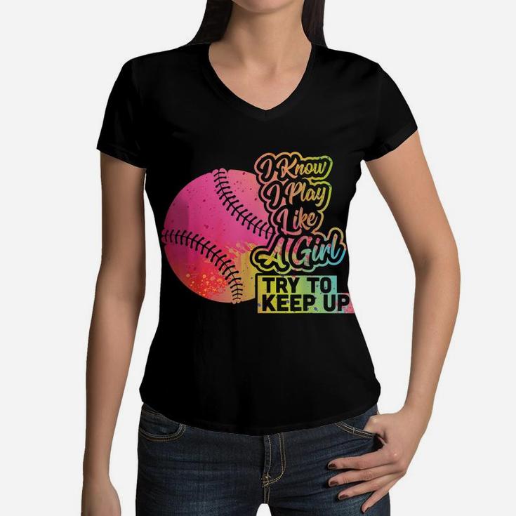Baseball Women Funny Gift Team Play Like A Girl Softball Women V-Neck T-Shirt