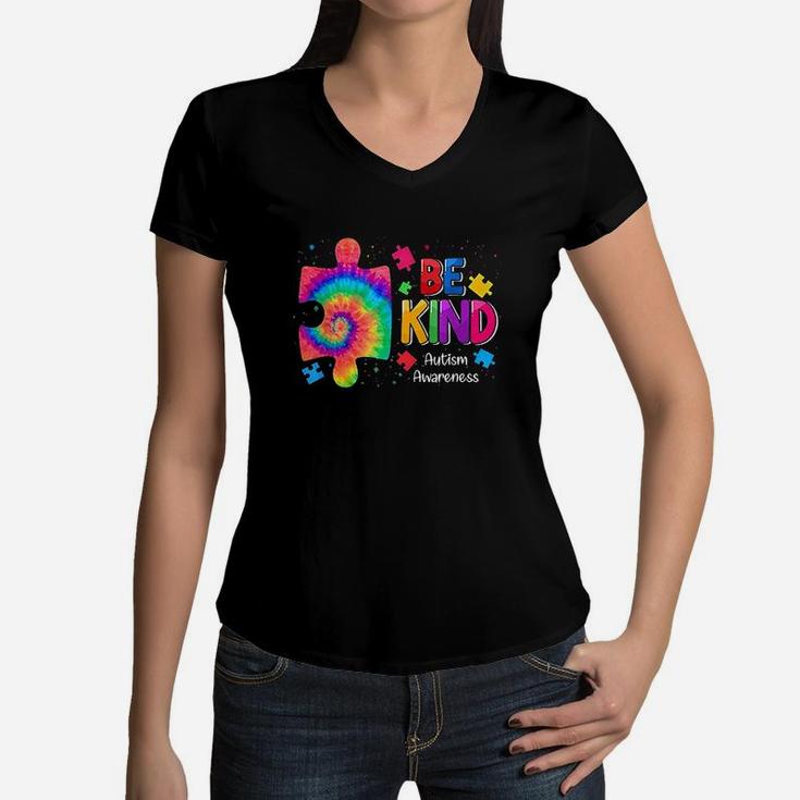 Be Kind Puzzle Pieces Tie Dye Cute Awareness Boy Kids Women V-Neck T-Shirt