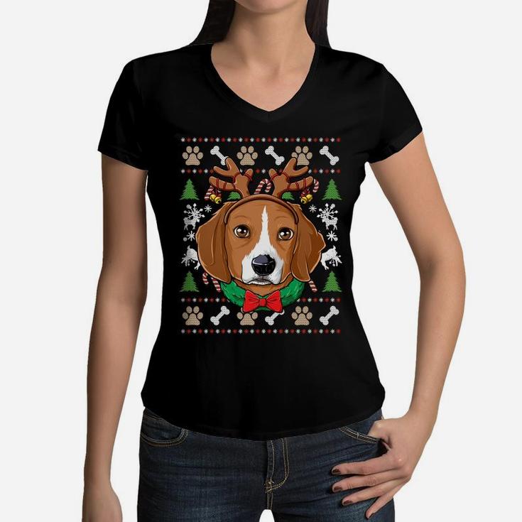 Beagle Ugly Christmas Reindeer Antlers Xmas Girls Kids Women Sweatshirt Women V-Neck T-Shirt