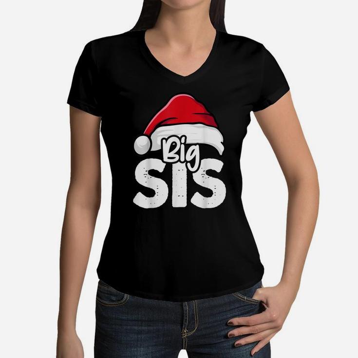 Big Sis Christmas Older Sister Santa Hat Girls X-Mas Pajama Women V-Neck T-Shirt