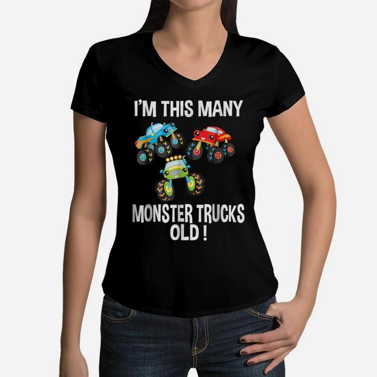 Birthday Shirt For Boys 3 I'm This Many Monster Trucks Old Women V-Neck T-Shirt