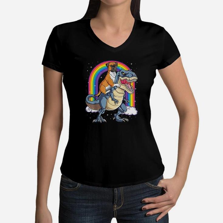 Boxer Riding Dinosaur T Rex Gift Dog Lover Boys Kids Rainbow Women V-Neck T-Shirt