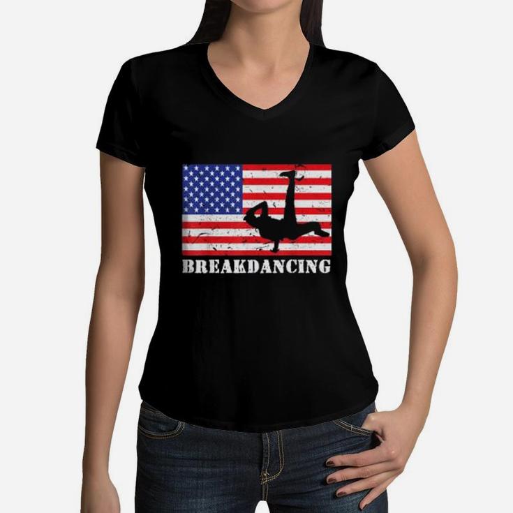 Breakdancing USA American Flag Hobby Gift Women V-Neck T-Shirt