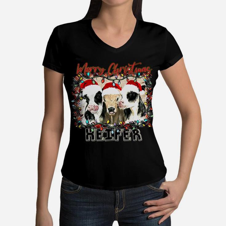 Buffalo Plaid Merry Christmas Heifer Farm Girl Cows Lover Women V-Neck T-Shirt