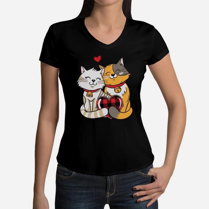 Cat Couple In Love Valentine Gift Happy Valentines Day Women V-Neck T-Shirt