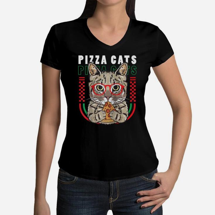 Cat Pizza Sunglasses Funny Cute Kitten Cat Lovers Girl Women Raglan Baseball Tee Women V-Neck T-Shirt