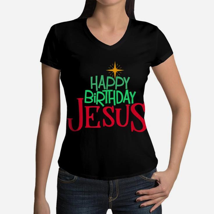 Christian Christmas Happy Birthday Jesus Women Men Kids Women V-Neck T-Shirt