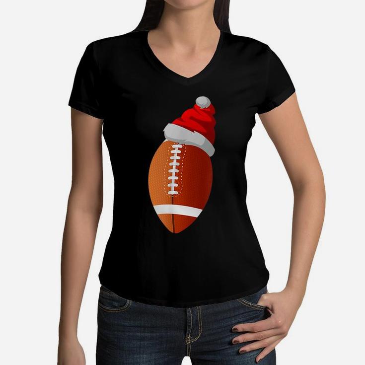Christmas Football Ball Santa Hat For Mens Womens Kids Women V-Neck T-Shirt