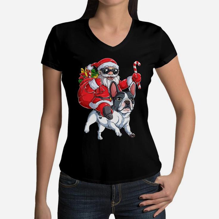 Christmas Santa Claus Riding French Bulldog Xmas Boys Dog Sweatshirt Women V-Neck T-Shirt