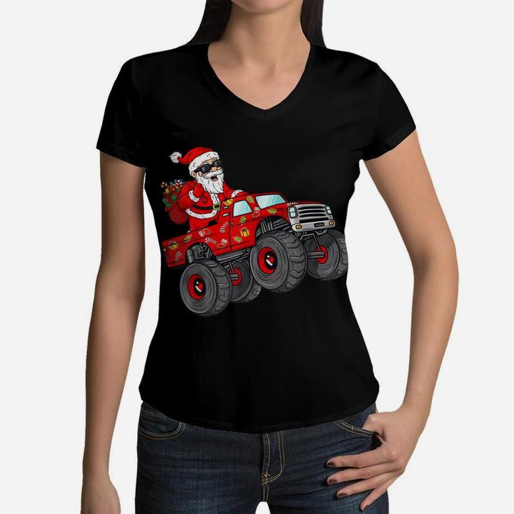 Christmas Santa Claus Riding Monster Truck Boys Kids Xmas Women V-Neck T-Shirt