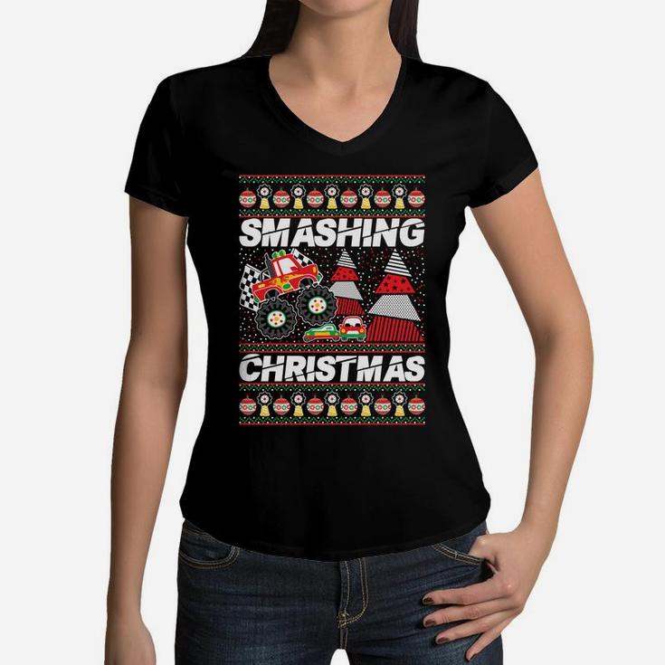 Christmas Truck Shirt Funny Monster Truck Boys Gift Sweatshirt Women V-Neck T-Shirt