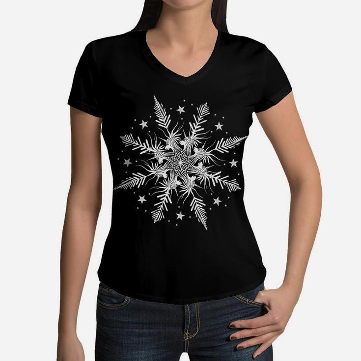 Christmas Unicorn Fun Girls Kids Snowflake Holiday Xmas Women V-Neck T-Shirt