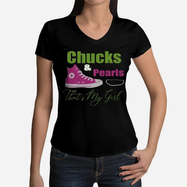 Chucks And Pearls That Is My Girl Women V-Neck T-Shirt